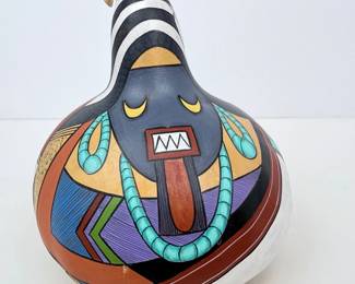 Lot #B29 - Frank Poolheco Signed Hopi Tewa Pueblo Native American Southwestern US Hand Painted Gourd