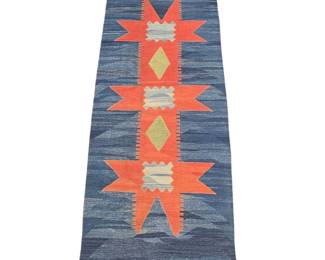 Lot #B64 - Likely Oaxacan Zapotec Handwoven Wool Flatweave Runner – Indigo Blue & Red Geometric Design
