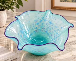 Lot #B17 - Signed Hand-Blown Art Glass Ruffled Bowl – Aqua Blue with Purple Rim