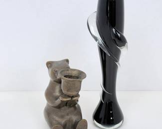 Lot #B33 - Vintage Cast Metal Bear Figurine Candle Holder Rustic, Plus Signed Black Art Glass Vase