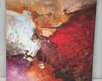 S Lot #80 - Unsigned Abstract Expressionist Acrylic on Canvas – Red, White & Earth-Tone Composition