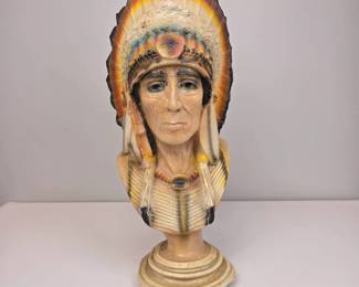 S Lot #B66 - 1981 Apsit Bros. of California 24" Painted Chalkware/Plaster Native American Chief Bust