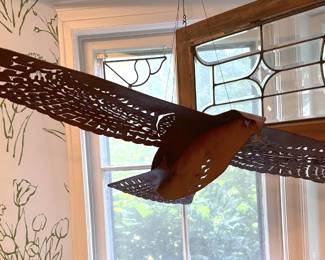 Artist signed, limited edition, plasma-cut metal hawk hanging sculpture - 49" x 25"