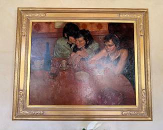 Painting of 3 people coffee and wine