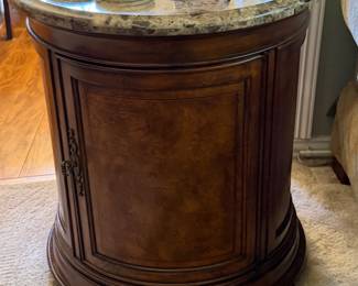 Barrel style marble and wood side table