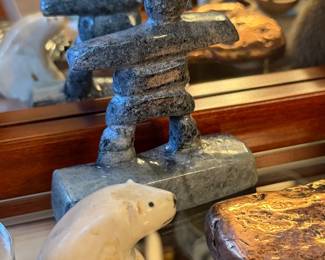 Ivory (bone) polar bear & Soapstone Inukshuk sculpture