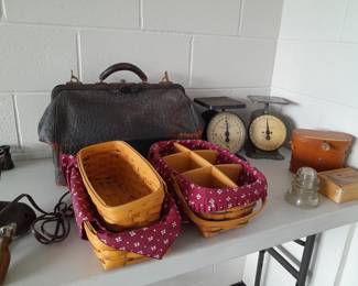Longaberger baskets, old medical bag