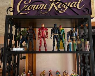 Vintage Fast food toys and marvel figures + Crown Royal sign 