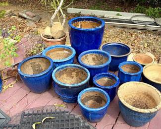 Very nice selection of blue planters & garden art