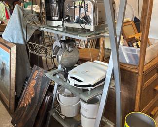 Shelf, waffle makers, trash cans