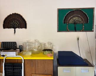 Cabinet, Turkey mounted tail, step ladder wine glasses, goblets