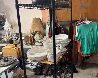 Shelf, cooking ware, ski clothes, lamp