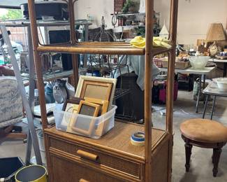High shelf with drawers, vanity stool, frames