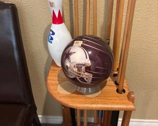 Custom Cowboys bowling ball, pin, pool cues & stand