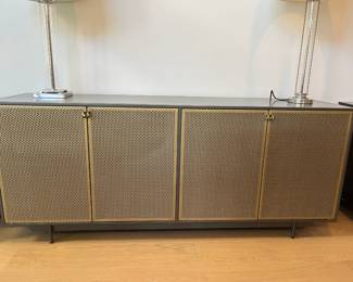 Front View of Four Door Gold and Charcoal Credenza