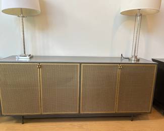Front View of Four Door Gold and Charcoal Credenza