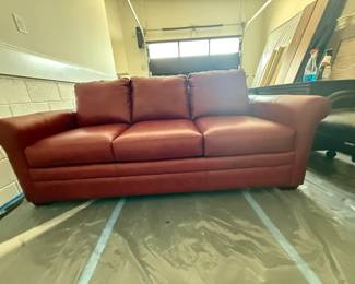 Red Leather Convertible Sofa Bed - Never Used with Tempur-Pedic Mattress