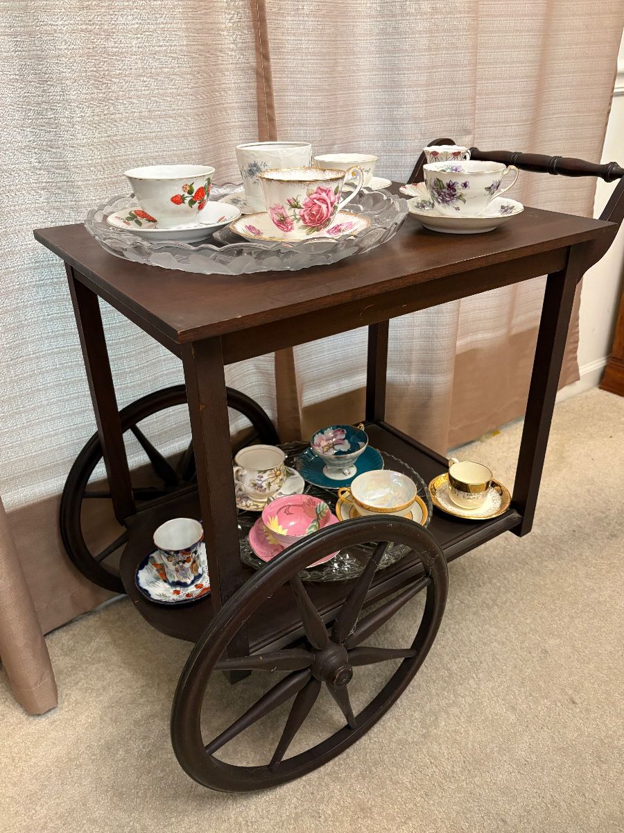Antique Tea Cart and vintage tea cups