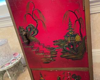 #70-$70 Red Chinnoiserie Cabinet 15x12x29 