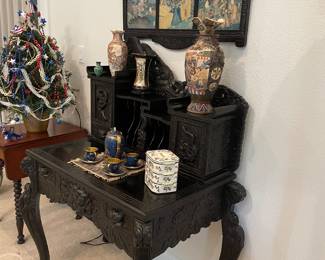 #1 - $575 -Antique Japanese ebonized carved desk 37x34x25