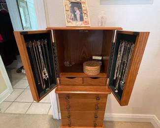 #34-$70 Oak jewelry cabinet 16x12x47 