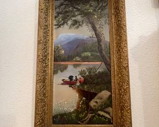 #10-$150 Antique painting lake scene on board with 12x23 