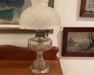 #40 $58 -Old oil lamp frosted glass shade 22"T Aladin Chicago