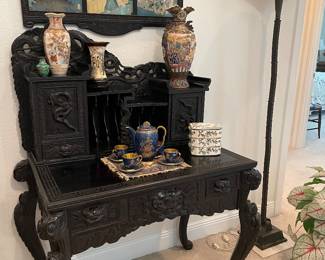 #1 - $575 -Antique Japanese ebonized carved desk 37x34x25