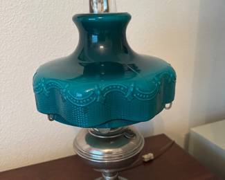 #65 -$100 Oil lamp electrified with Blue Glass shade 25T 