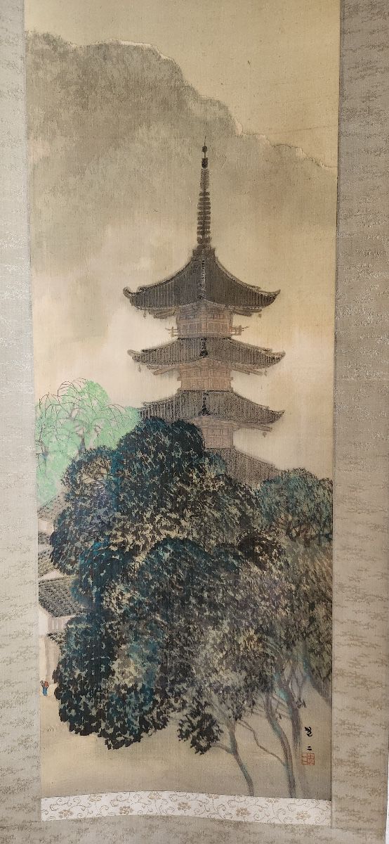 Japanese kakemono (scroll) - hand-painted Pagoda in mountain scene