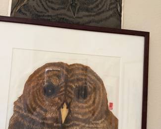 Owl linoleum block by Donald Mudd along with original linoleum block above