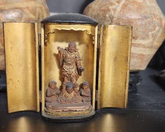 Japanese portable shrine with figure of Bishamonten Buddhist Guardian of warfare and fortune