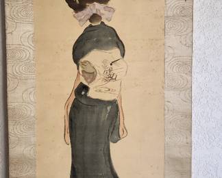 Japanese hand-painted scroll of woman seen from behind by Takehisa Yumeji