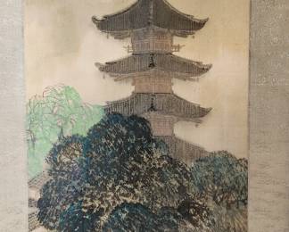Japanese kakemono (scroll) - hand-painted Pagoda in mountain scene