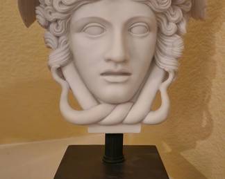 Medusa marble bust sculpture on square wooden base - like Medusa Rondanini