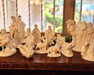 Vintage Atlantic Mold ceramic nativity set, ivory glaze with gold accents, signed SB.