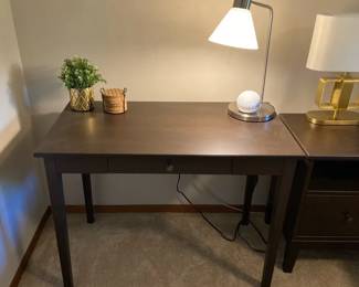 Wood Desk with Amazon Echo Desk Lamp Coasters and Fake Plant
