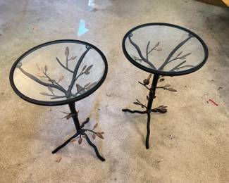 Pair Of Glass Top Side Tables With Floral  Bird Decorative Accents