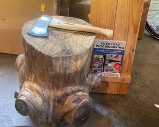 Large Tree Stump  Axe With Partially Built Wood Bench  Extra Lumber