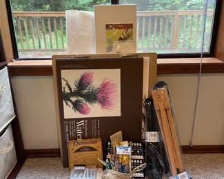 Artist Lot Of Painting Supplies With Table Top Easles Paints  Soft Pastels