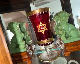 Judaica Kiddush Cup with Star of David, and pair of Jadite Foo Doggies