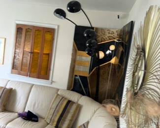 Fabulous mid-century modern multi-arm arc floor lamp w/ eyeball shades, and Jere-like wall sculpture