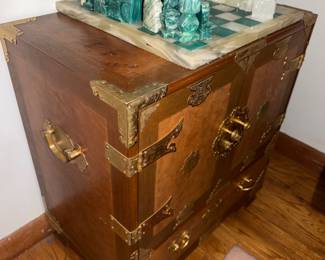 Ornate Korean Tansu style teak burl wood chest