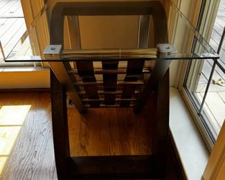 Contemporary Beveled Glass Top End Table with Wood and Woven Metal Base