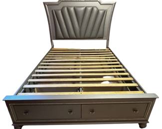 Queen Size Silver Tone Bed with Faux Leather Headboard Insert Sequined Embellishments and 2 Drawer Footboard Storage