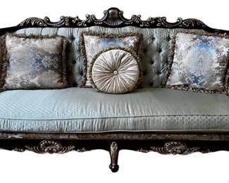 Ornate Victorian Style Carved Wood Tufted Sofa with Paisley Upholstery