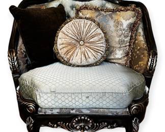 ACME Furniture Ornate Victorian Style Carved Wood Tufted Accent Chair with Paisley Upholstery