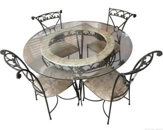 5 Pc Tuscan Style Beveled Glass Top Dining Set with 4 Wrought Iron Chairs