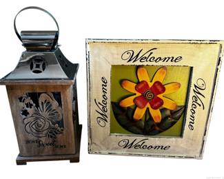 Rustic Home Decor Lantern with LED Candle and Metal Flower Welcome Sign