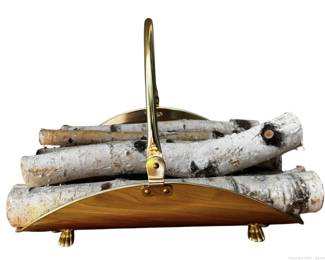 Gold Tone Fireplace Log Holder Paw Feet with Birch Logs